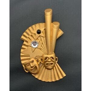 Vintage Gold Tone Theater Drama Mask Comedy Tragedy Large Brooch Rhinestones